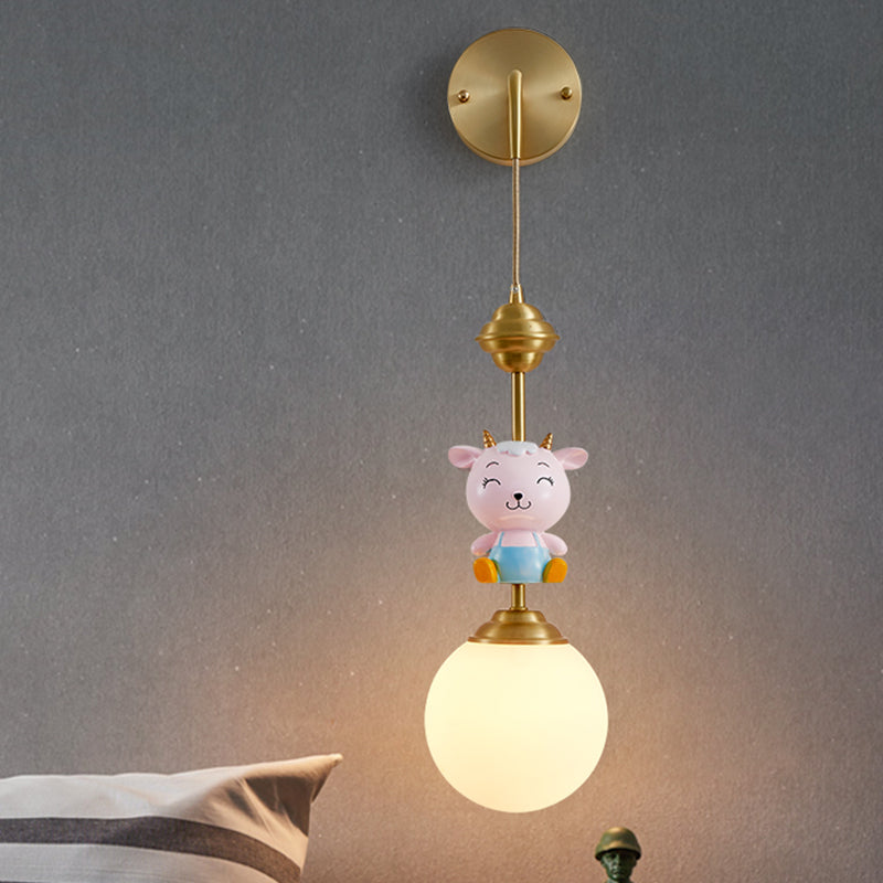 Globe Wall Lighting Fixture Cartoon Opaque Glass 1 Head Gold Wall Mounted Lamp with Sheep/Monkey/Rabbit Deco Gold Sheep Clearhalo 'Wall Lamps & Sconces' 'Wall Lights' Lighting' 1724152