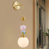 Globe Wall Lighting Fixture Cartoon Opaque Glass 1 Head Gold Wall Mounted Lamp with Sheep/Monkey/Rabbit Deco Clearhalo 'Wall Lamps & Sconces' 'Wall Lights' Lighting' 1724154