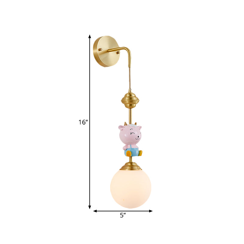 Globe Wall Lighting Fixture Cartoon Opaque Glass 1 Head Gold Wall Mounted Lamp with Sheep/Monkey/Rabbit Deco Clearhalo 'Wall Lamps & Sconces' 'Wall Lights' Lighting' 1724156