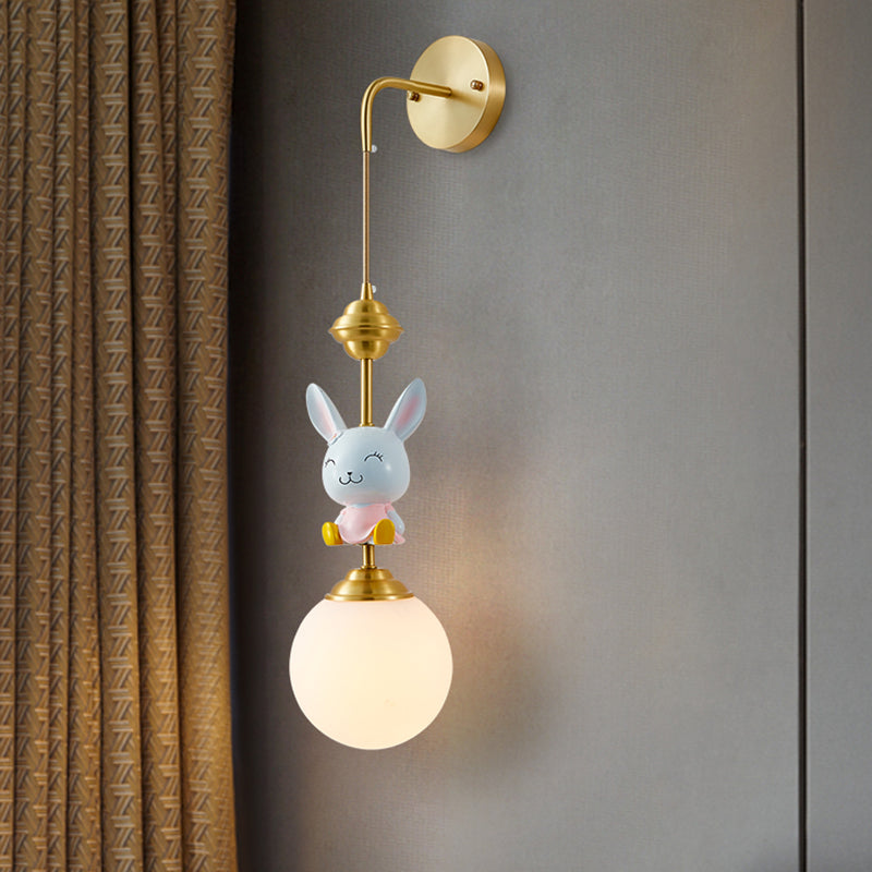 Globe Wall Lighting Fixture Cartoon Opaque Glass 1 Head Gold Wall Mounted Lamp with Sheep/Monkey/Rabbit Deco Gold Rabbit Clearhalo 'Wall Lamps & Sconces' 'Wall Lights' Lighting' 1724157