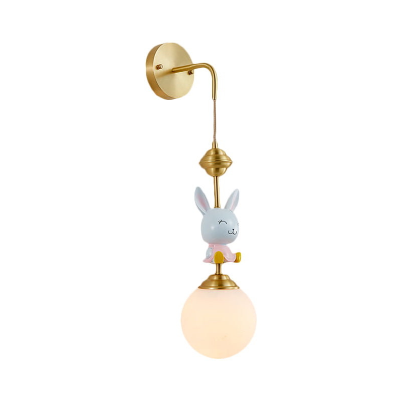 Globe Wall Lighting Fixture Cartoon Opaque Glass 1 Head Gold Wall Mounted Lamp with Sheep/Monkey/Rabbit Deco Clearhalo 'Wall Lamps & Sconces' 'Wall Lights' Lighting' 1724160