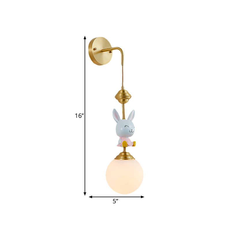 Globe Wall Lighting Fixture Cartoon Opaque Glass 1 Head Gold Wall Mounted Lamp with Sheep/Monkey/Rabbit Deco Clearhalo 'Wall Lamps & Sconces' 'Wall Lights' Lighting' 1724161