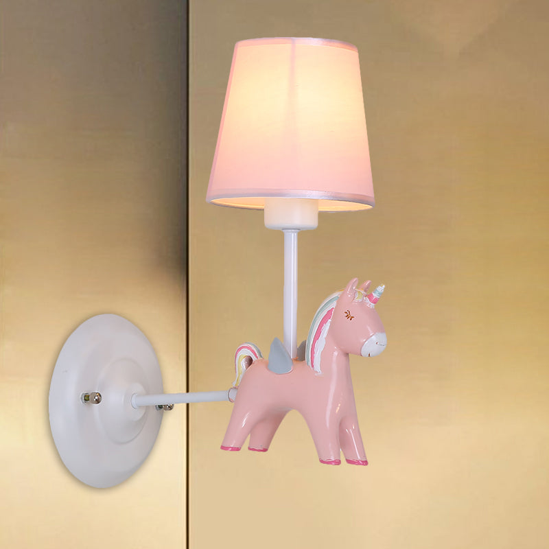 Fabric Conic Wall Mounted Light Macaron 1 Bulb Wall Lighting Ideas with Unicorn Deco in Pink/Blue Pink Clearhalo 'Wall Lamps & Sconces' 'Wall Lights' Lighting' 1724162