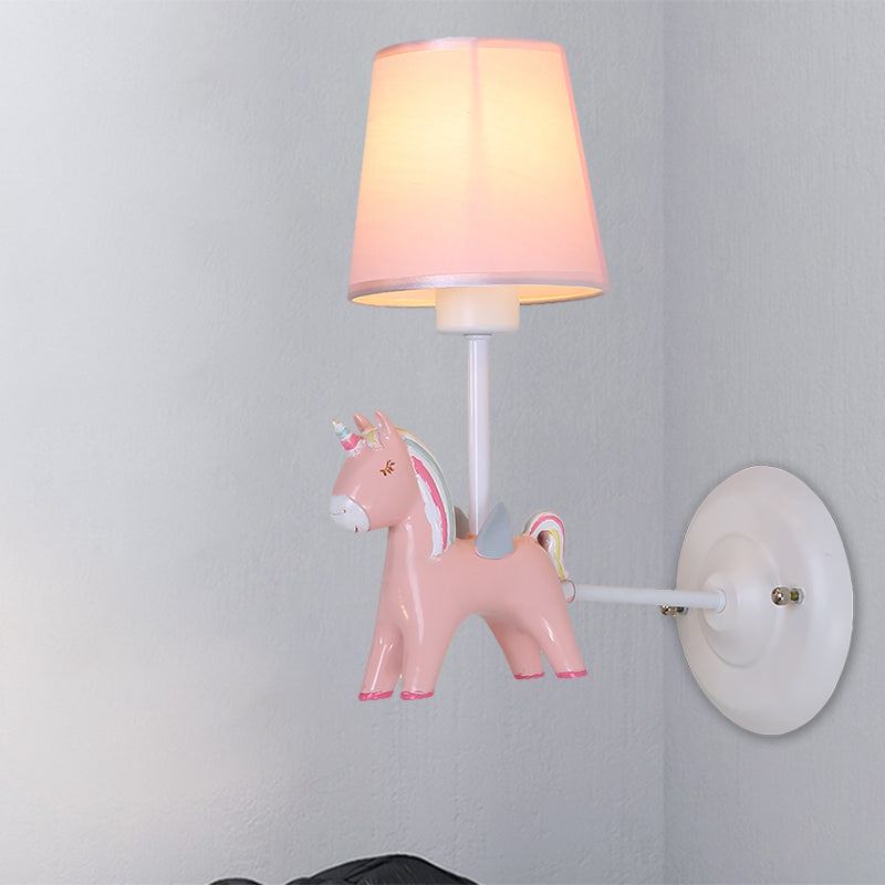 Fabric Conic Wall Mounted Light Macaron 1 Bulb Wall Lighting Ideas with Unicorn Deco in Pink/Blue Clearhalo 'Wall Lamps & Sconces' 'Wall Lights' Lighting' 1724163