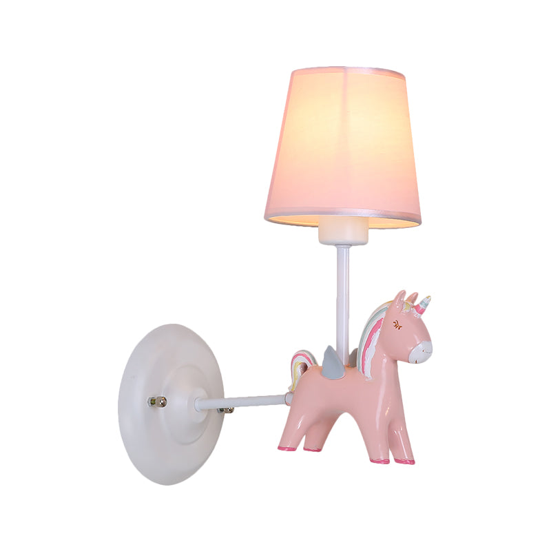 Fabric Conic Wall Mounted Light Macaron 1 Bulb Wall Lighting Ideas with Unicorn Deco in Pink/Blue Clearhalo 'Wall Lamps & Sconces' 'Wall Lights' Lighting' 1724164