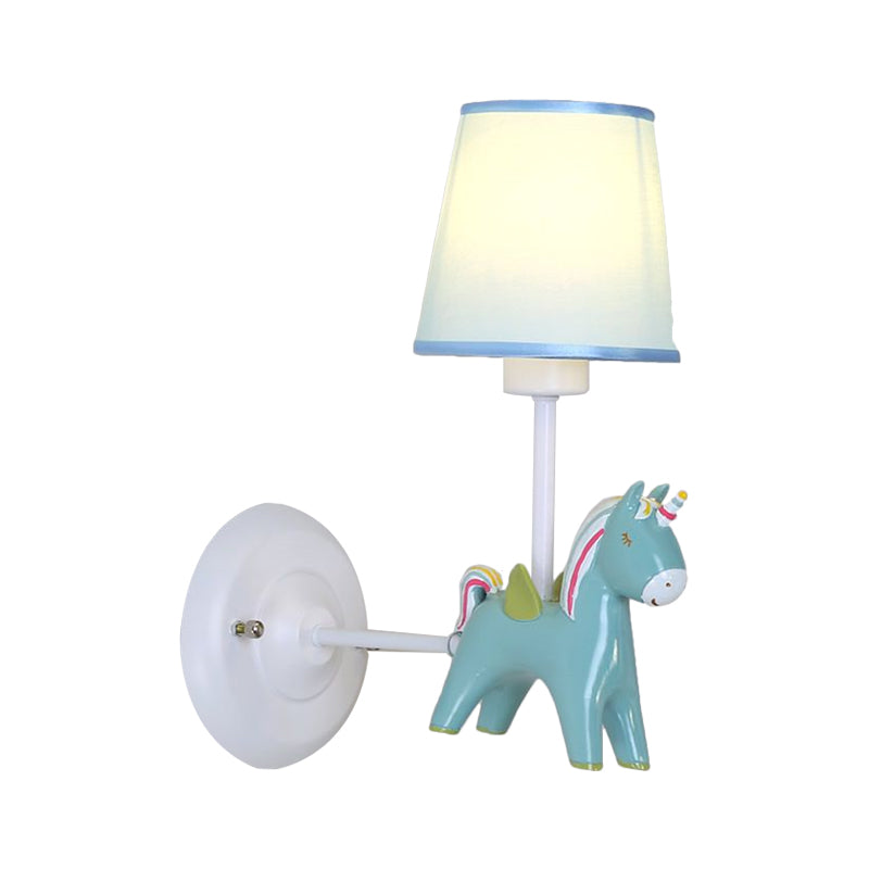 Fabric Conic Wall Mounted Light Macaron 1 Bulb Wall Lighting Ideas with Unicorn Deco in Pink/Blue Clearhalo 'Wall Lamps & Sconces' 'Wall Lights' Lighting' 1724169