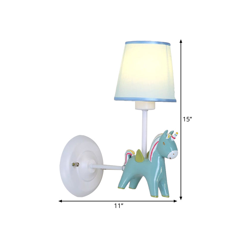 Fabric Conic Wall Mounted Light Macaron 1 Bulb Wall Lighting Ideas with Unicorn Deco in Pink/Blue Clearhalo 'Wall Lamps & Sconces' 'Wall Lights' Lighting' 1724170