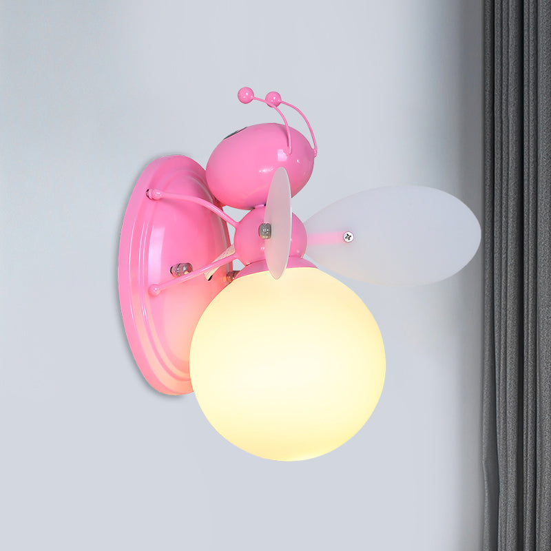 Opaline Glass Ball Wall Mount Lamp Cartoon 1 Light Pink/Yellow Wall Sconce Lighting with Bee Design Pink Clearhalo 'Wall Lamps & Sconces' 'Wall Lights' Lighting' 1724171