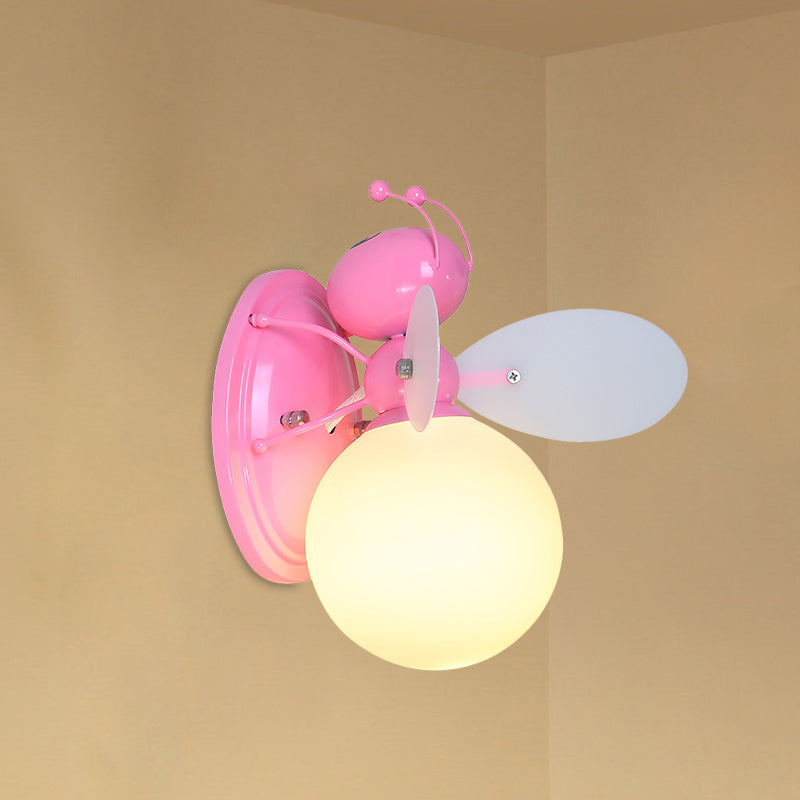 Opaline Glass Ball Wall Mount Lamp Cartoon 1 Light Pink/Yellow Wall Sconce Lighting with Bee Design Clearhalo 'Wall Lamps & Sconces' 'Wall Lights' Lighting' 1724172