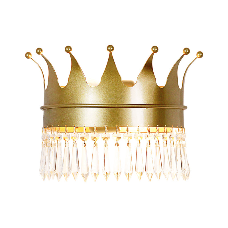 Crown Wall Light Sconce Retro Style Metallic 1-Head Parlor Wall Mount Lighting with Dangling Crystal in Gold Clearhalo 'Wall Lamps & Sconces' 'Wall Lights' Lighting' 1724182