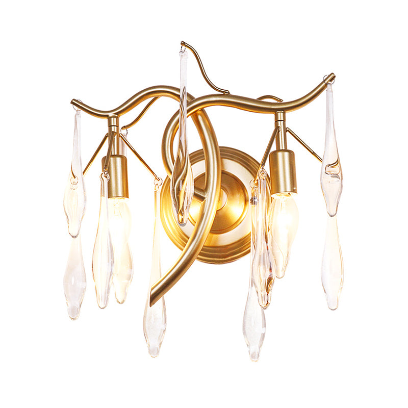 Retro 2 Heads Wall Lighting Ideas Gold Raindrop Wall Mount Light with Crystal Drop Shade Clearhalo 'Modern wall lights' 'Modern' 'Wall Lamps & Sconces' 'Wall Lights' Lighting' 1724235