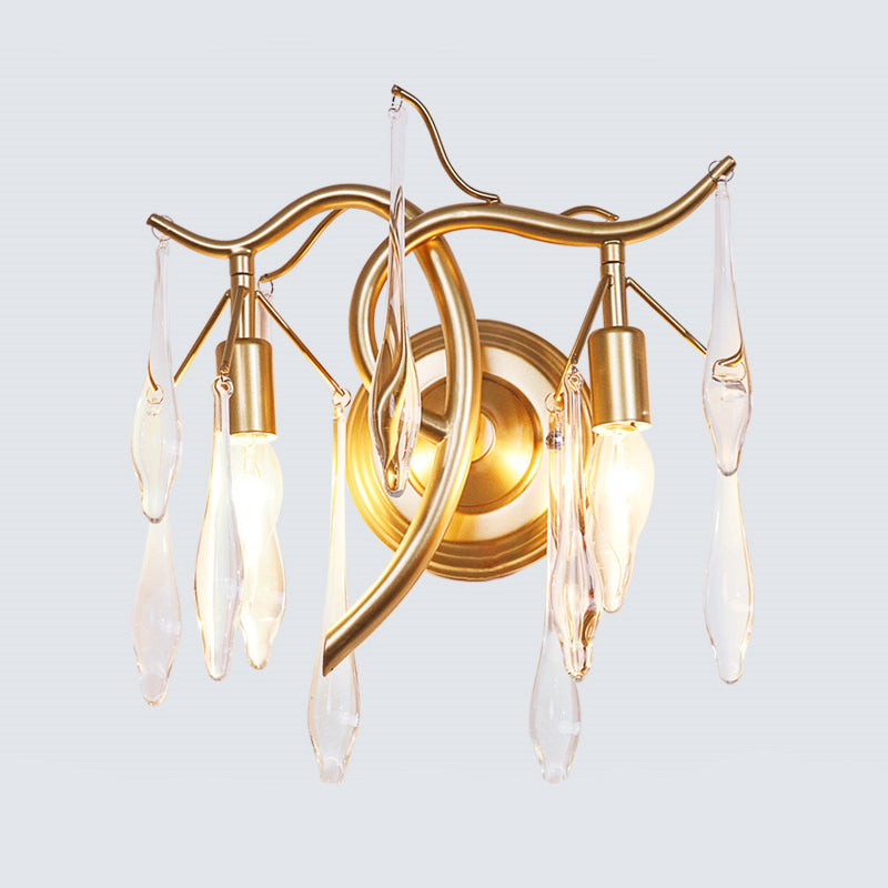 Retro 2 Heads Wall Lighting Ideas Gold Raindrop Wall Mount Light with Crystal Drop Shade Clearhalo 'Modern wall lights' 'Modern' 'Wall Lamps & Sconces' 'Wall Lights' Lighting' 1724236