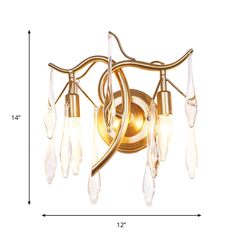 Retro 2 Heads Wall Lighting Ideas Gold Raindrop Wall Mount Light with Crystal Drop Shade Clearhalo 'Modern wall lights' 'Modern' 'Wall Lamps & Sconces' 'Wall Lights' Lighting' 1724237