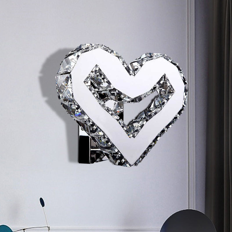 Stainless-Steel LED Loving Heart Sconce Modernism Clear Crystal Wall Mount Lamp in Warm/White Light Stainless-Steel Clearhalo 'Modern wall lights' 'Modern' 'Wall Lamps & Sconces' 'Wall Lights' Lighting' 1724242
