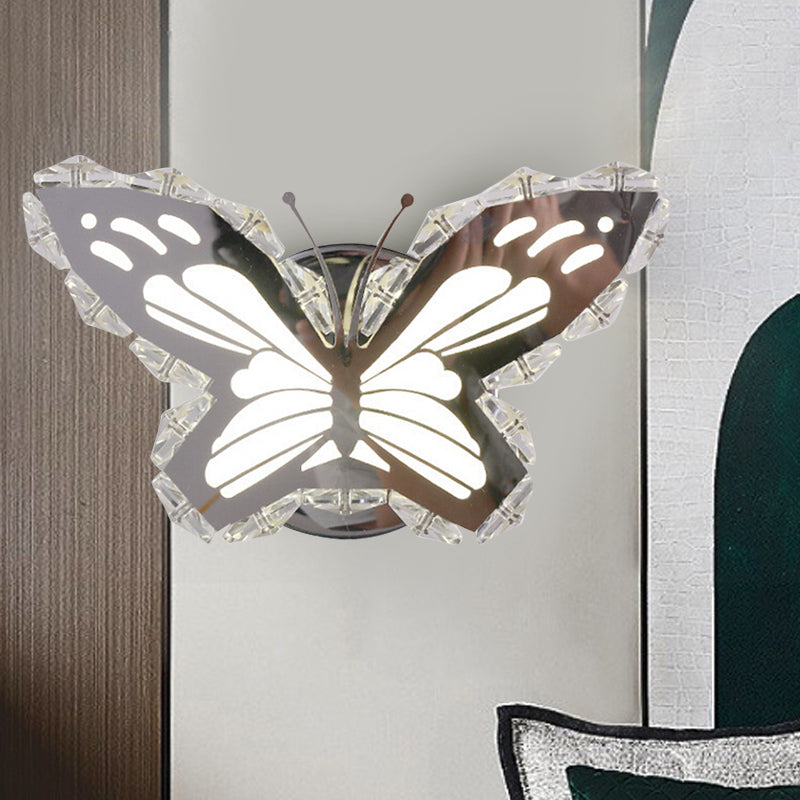 LED Corridor Wall Lighting Contemporary Stainless-Steel Wall Sconce with Butterfly/Fish Crystal Shade in Warm/White Light Stainless-Steel Butterfly Clearhalo 'Modern wall lights' 'Modern' 'Wall Lamps & Sconces' 'Wall Lights' Lighting' 1724246