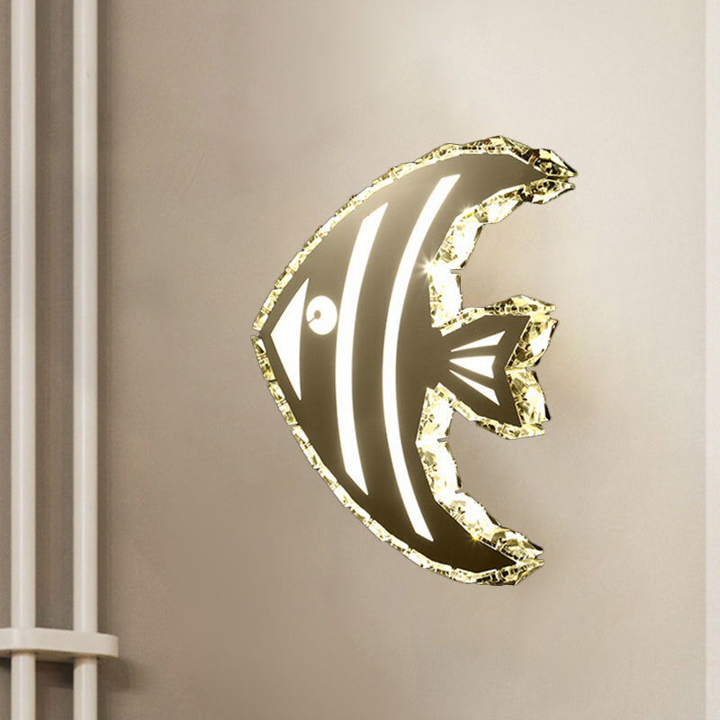 LED Corridor Wall Lighting Contemporary Stainless-Steel Wall Sconce with Butterfly/Fish Crystal Shade in Warm/White Light Stainless-Steel Fish Clearhalo 'Modern wall lights' 'Modern' 'Wall Lamps & Sconces' 'Wall Lights' Lighting' 1724250