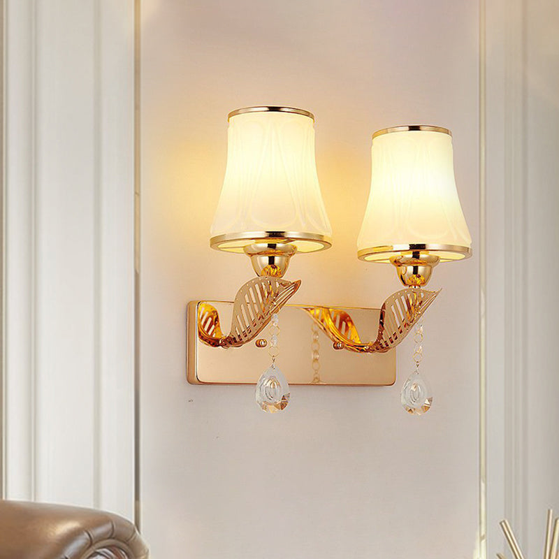 Bell Wall Mounted Light Modernist Opal Glass 2-Head Gold Wall Lighting with Crystal Drop Gold Clearhalo 'Cast Iron' 'Glass' 'Industrial' 'Modern wall lights' 'Modern' 'Tiffany' 'Traditional wall lights' 'Wall Lamps & Sconces' 'Wall Lights' Lighting' 1724275