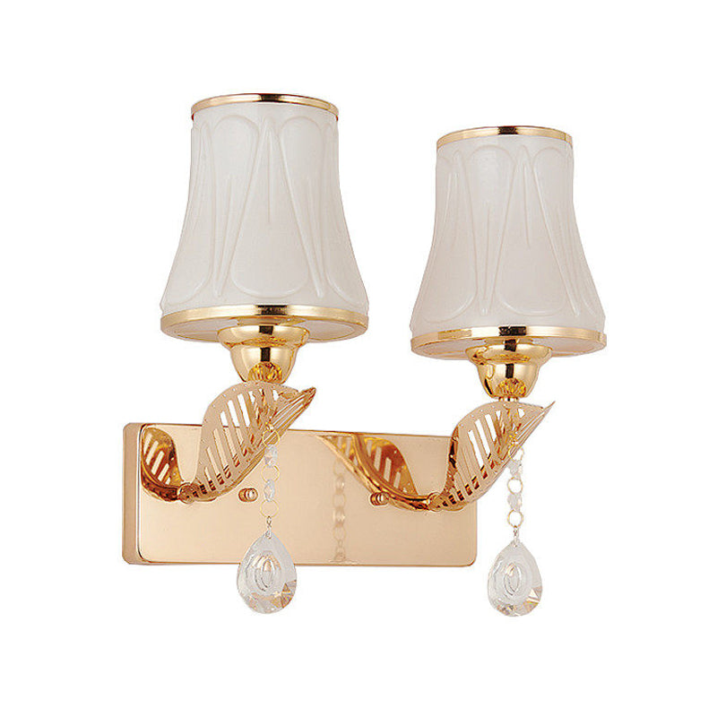 Bell Wall Mounted Light Modernist Opal Glass 2-Head Gold Wall Lighting with Crystal Drop Clearhalo 'Cast Iron' 'Glass' 'Industrial' 'Modern wall lights' 'Modern' 'Tiffany' 'Traditional wall lights' 'Wall Lamps & Sconces' 'Wall Lights' Lighting' 1724276