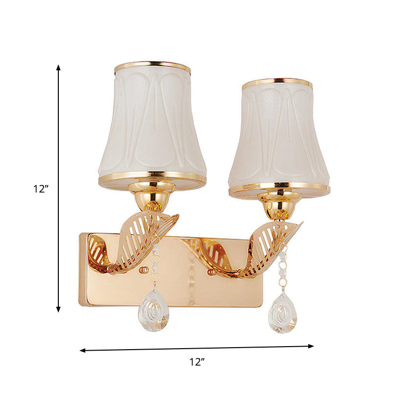Bell Wall Mounted Light Modernist Opal Glass 2-Head Gold Wall Lighting with Crystal Drop Clearhalo 'Cast Iron' 'Glass' 'Industrial' 'Modern wall lights' 'Modern' 'Tiffany' 'Traditional wall lights' 'Wall Lamps & Sconces' 'Wall Lights' Lighting' 1724278