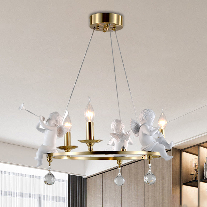 Candlestick Metallic Ceiling Pendant Nordic 3-Bulb Gold Hanging Chandelier with Angel Deco Clearhalo 'Ceiling Lights' 'Chandeliers' Lighting' options 1724357