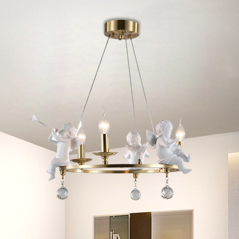 Candlestick Metallic Ceiling Pendant Nordic 3-Bulb Gold Hanging Chandelier with Angel Deco Clearhalo 'Ceiling Lights' 'Chandeliers' Lighting' options 1724358