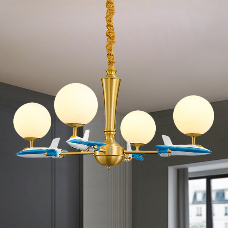 Kids Spherical Suspension Lamp Opaque Glass 4 Lights Nursery Chandelier Light with Airplane Deco in Blue Clearhalo 'Ceiling Lights' 'Chandeliers' Lighting' options 1724365