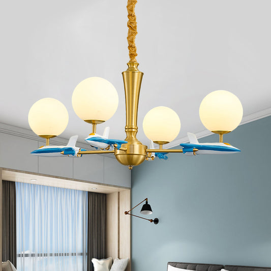 Kids Spherical Suspension Lamp Opaque Glass 4 Lights Nursery Chandelier Light with Airplane Deco in Blue Clearhalo 'Ceiling Lights' 'Chandeliers' Lighting' options 1724366