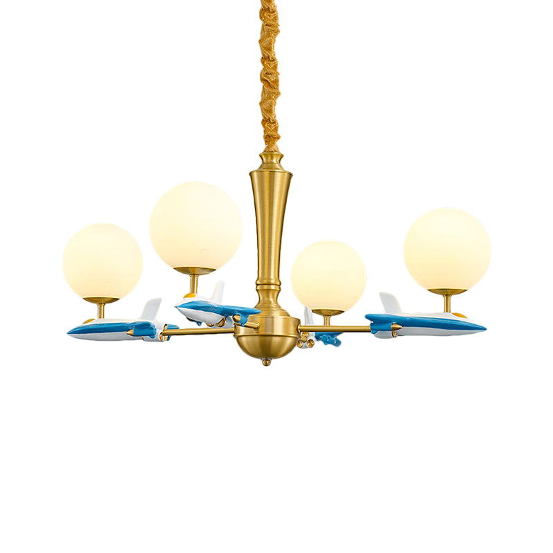 Kids Spherical Suspension Lamp Opaque Glass 4 Lights Nursery Chandelier Light with Airplane Deco in Blue Clearhalo 'Ceiling Lights' 'Chandeliers' Lighting' options 1724367