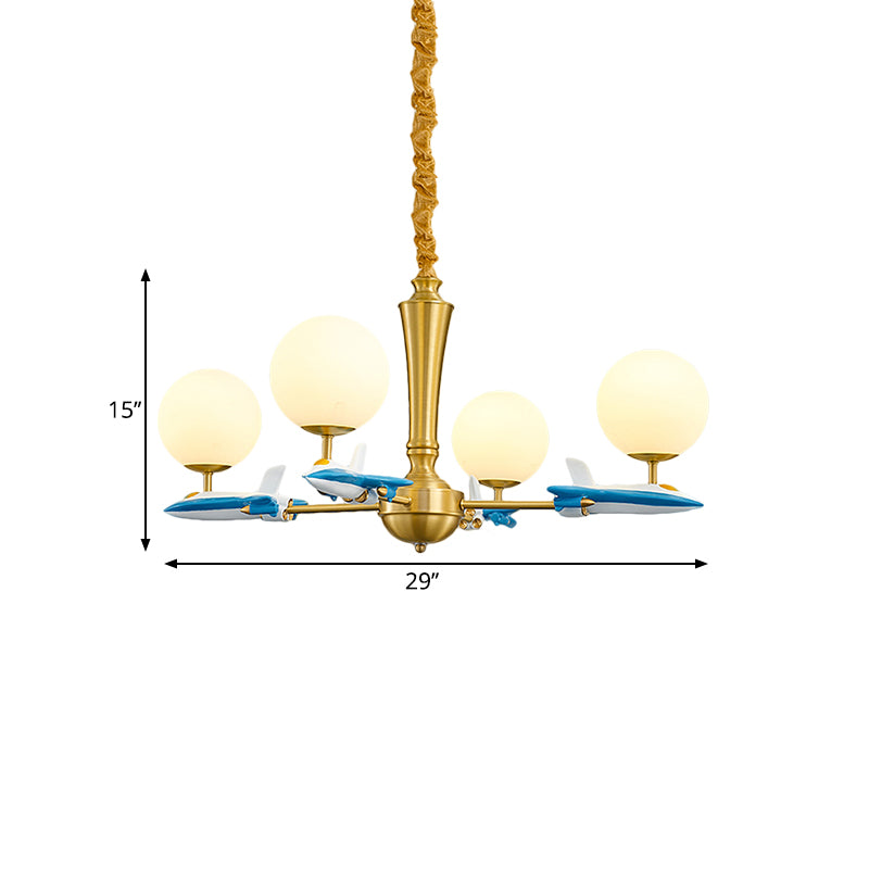 Kids Spherical Suspension Lamp Opaque Glass 4 Lights Nursery Chandelier Light with Airplane Deco in Blue Clearhalo 'Ceiling Lights' 'Chandeliers' Lighting' options 1724368