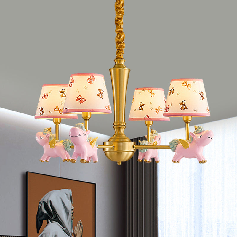 Conic Kids Room Ceiling Chandelier Fabric 4 Heads Cartoon Drop Pendant with Unicorn Deco in Pink Clearhalo 'Ceiling Lights' 'Chandeliers' Lighting' options 1724369