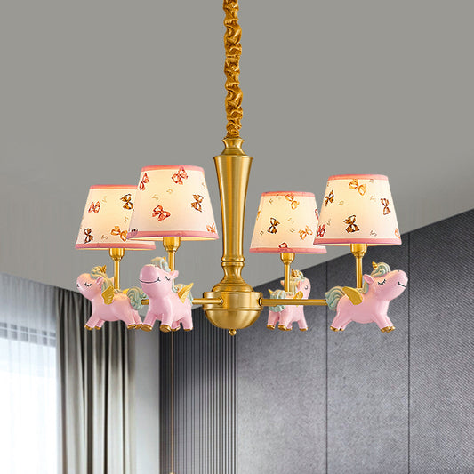 Conic Kids Room Ceiling Chandelier Fabric 4 Heads Cartoon Drop Pendant with Unicorn Deco in Pink Clearhalo 'Ceiling Lights' 'Chandeliers' Lighting' options 1724370