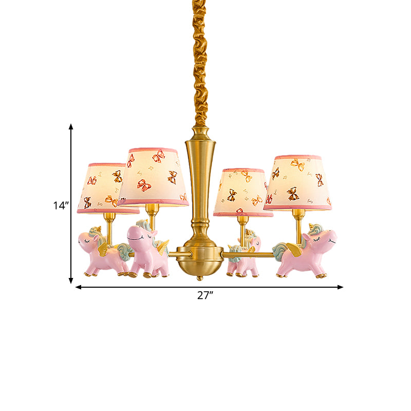 Conic Kids Room Ceiling Chandelier Fabric 4 Heads Cartoon Drop Pendant with Unicorn Deco in Pink Clearhalo 'Ceiling Lights' 'Chandeliers' Lighting' options 1724372