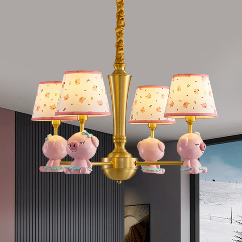 Cone Ceiling Hang Fixture Kids Fabric 4-Light Pink Chandelier Lighting with Piggy Design Clearhalo 'Ceiling Lights' 'Chandeliers' Lighting' options 1724373