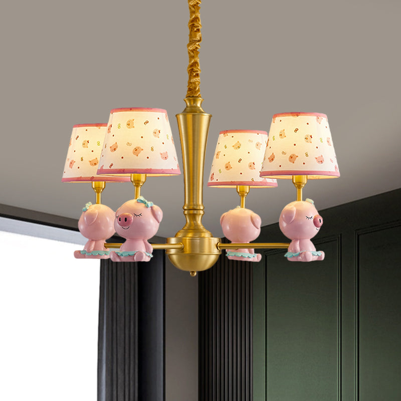 Cone Ceiling Hang Fixture Kids Fabric 4-Light Pink Chandelier Lighting with Piggy Design Clearhalo 'Ceiling Lights' 'Chandeliers' Lighting' options 1724374