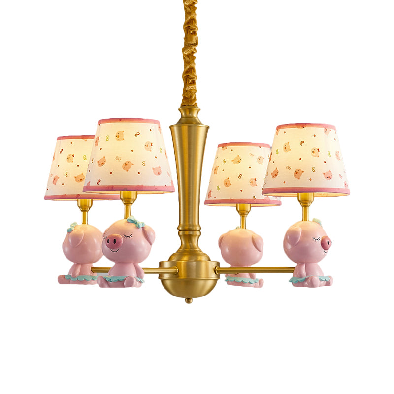 Cone Ceiling Hang Fixture Kids Fabric 4-Light Pink Chandelier Lighting with Piggy Design Clearhalo 'Ceiling Lights' 'Chandeliers' Lighting' options 1724375