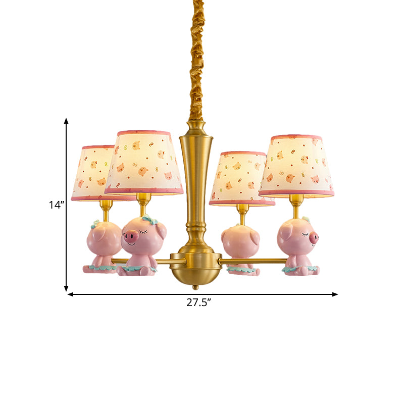 Cone Ceiling Hang Fixture Kids Fabric 4-Light Pink Chandelier Lighting with Piggy Design Clearhalo 'Ceiling Lights' 'Chandeliers' Lighting' options 1724376