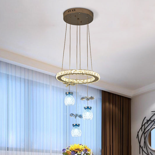 K9 Crystal Global Chandelier Lamp Modern 3/5 Bulbs Ceiling Pendant with Hoop Design in Chrome 3 Chrome Clearhalo 'Ceiling Lights' 'Chandeliers' 'Glass shade' 'Glass' 'Modern Chandeliers' 'Modern' 'Pendant Lights' Lighting' 1724406