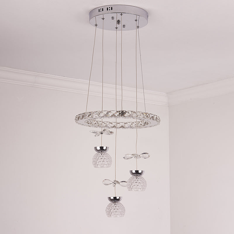 K9 Crystal Global Chandelier Lamp Modern 3/5 Bulbs Ceiling Pendant with Hoop Design in Chrome Clearhalo 'Ceiling Lights' 'Chandeliers' 'Glass shade' 'Glass' 'Modern Chandeliers' 'Modern' 'Pendant Lights' Lighting' 1724407