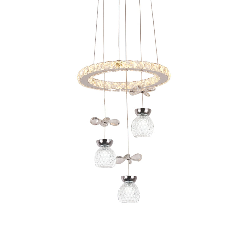 K9 Crystal Global Chandelier Lamp Modern 3/5 Bulbs Ceiling Pendant with Hoop Design in Chrome Clearhalo 'Ceiling Lights' 'Chandeliers' 'Glass shade' 'Glass' 'Modern Chandeliers' 'Modern' 'Pendant Lights' Lighting' 1724408