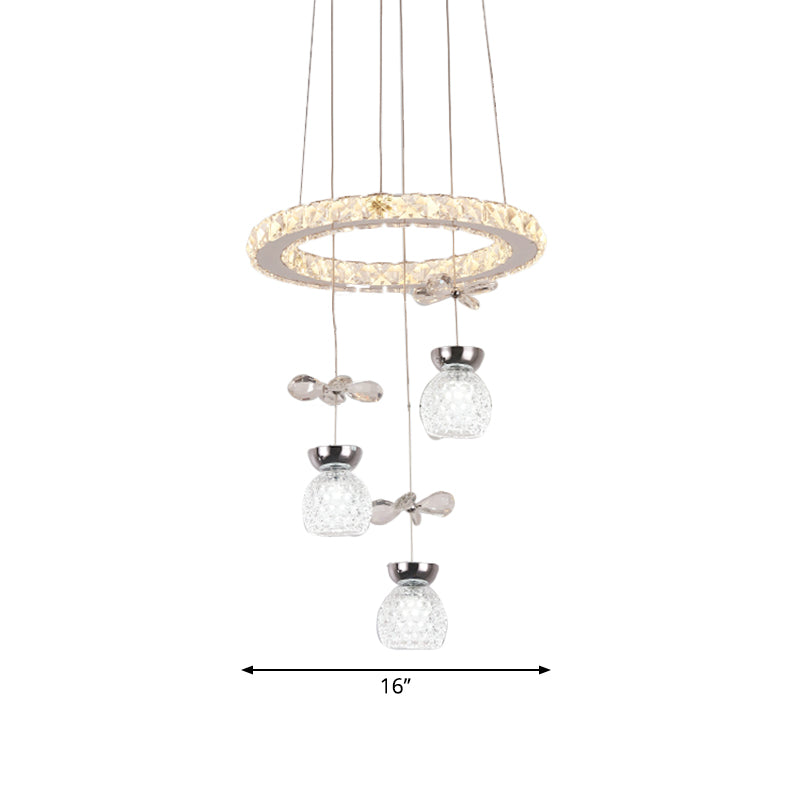 K9 Crystal Global Chandelier Lamp Modern 3/5 Bulbs Ceiling Pendant with Hoop Design in Chrome Clearhalo 'Ceiling Lights' 'Chandeliers' 'Glass shade' 'Glass' 'Modern Chandeliers' 'Modern' 'Pendant Lights' Lighting' 1724409