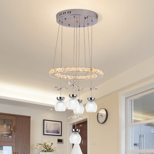 K9 Crystal Global Chandelier Lamp Modern 3/5 Bulbs Ceiling Pendant with Hoop Design in Chrome 5 Chrome Clearhalo 'Ceiling Lights' 'Chandeliers' 'Glass shade' 'Glass' 'Modern Chandeliers' 'Modern' 'Pendant Lights' Lighting' 1724410