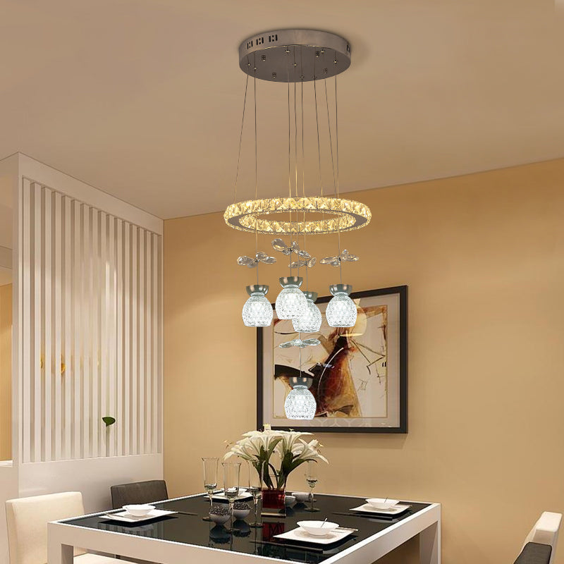 K9 Crystal Global Chandelier Lamp Modern 3/5 Bulbs Ceiling Pendant with Hoop Design in Chrome Clearhalo 'Ceiling Lights' 'Chandeliers' 'Glass shade' 'Glass' 'Modern Chandeliers' 'Modern' 'Pendant Lights' Lighting' 1724411