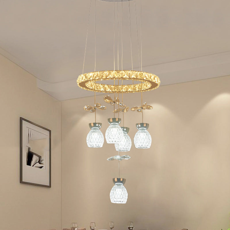 K9 Crystal Global Chandelier Lamp Modern 3/5 Bulbs Ceiling Pendant with Hoop Design in Chrome Clearhalo 'Ceiling Lights' 'Chandeliers' 'Glass shade' 'Glass' 'Modern Chandeliers' 'Modern' 'Pendant Lights' Lighting' 1724412