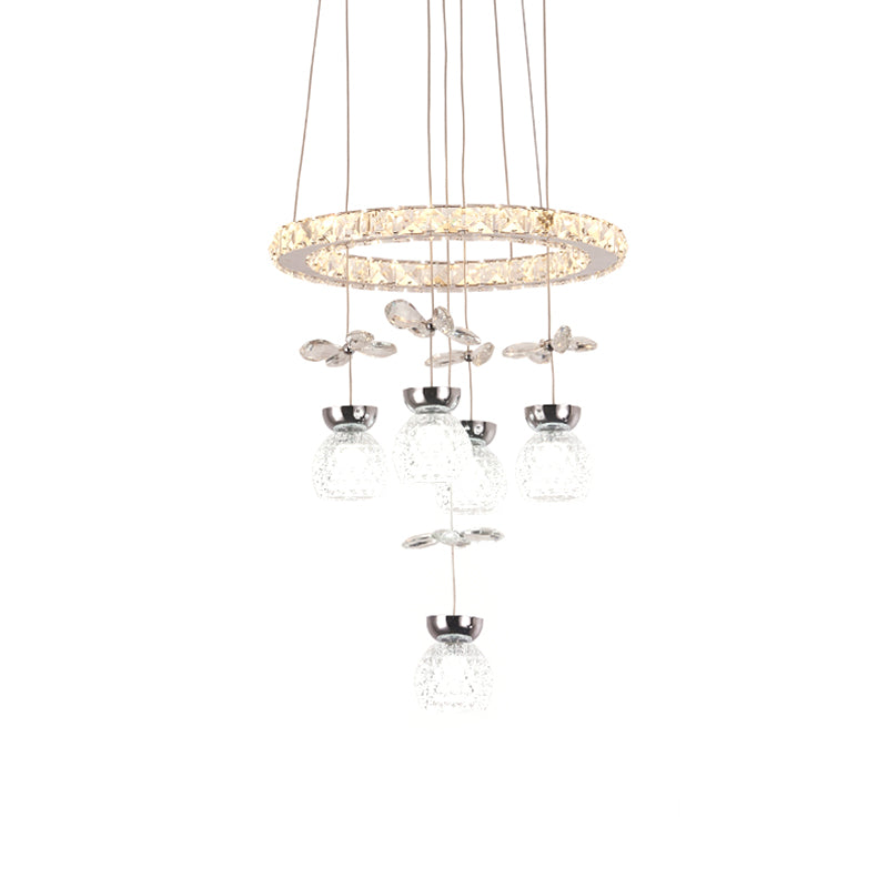 K9 Crystal Global Chandelier Lamp Modern 3/5 Bulbs Ceiling Pendant with Hoop Design in Chrome Clearhalo 'Ceiling Lights' 'Chandeliers' 'Glass shade' 'Glass' 'Modern Chandeliers' 'Modern' 'Pendant Lights' Lighting' 1724413