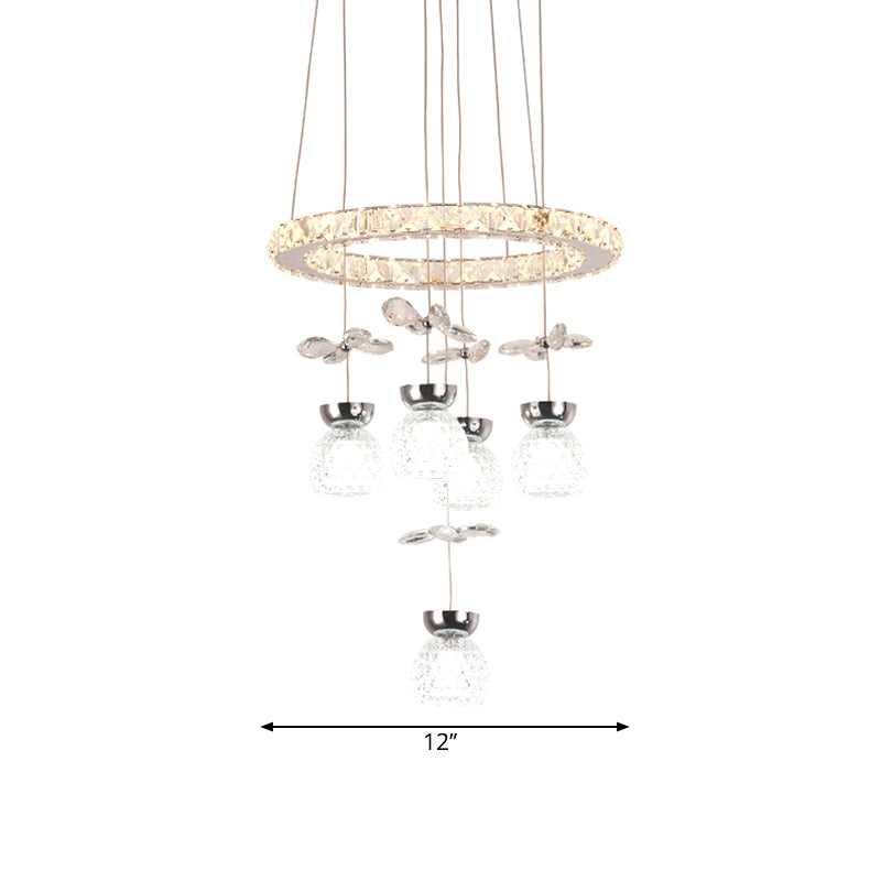 K9 Crystal Global Chandelier Lamp Modern 3/5 Bulbs Ceiling Pendant with Hoop Design in Chrome Clearhalo 'Ceiling Lights' 'Chandeliers' 'Glass shade' 'Glass' 'Modern Chandeliers' 'Modern' 'Pendant Lights' Lighting' 1724414