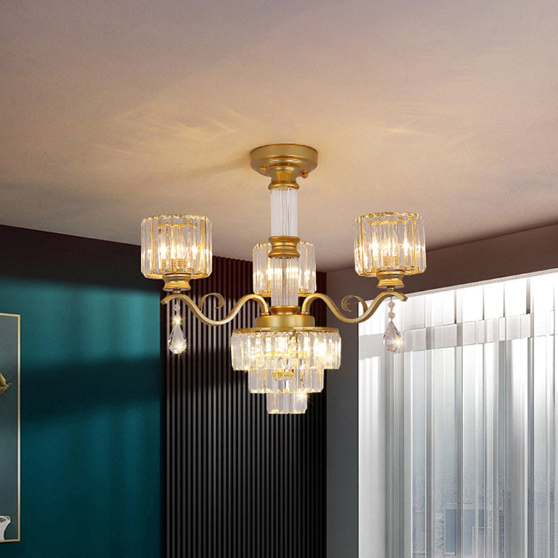 3-Tier Chandelier Lamp Minimalist Clear Crystal 3-Head Restaurant Ceiling Light with Cylinder Shade in Black/Gold Gold Clearhalo 'Ceiling Lights' 'Chandeliers' 'Modern Chandeliers' 'Modern' Lighting' 1724419