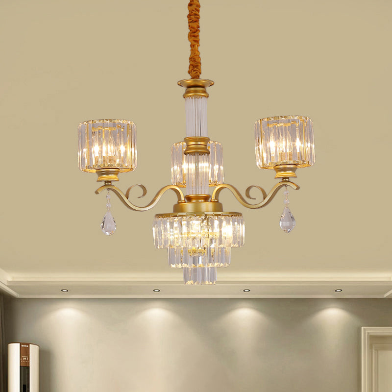 3-Tier Chandelier Lamp Minimalist Clear Crystal 3-Head Restaurant Ceiling Light with Cylinder Shade in Black/Gold Clearhalo 'Ceiling Lights' 'Chandeliers' 'Modern Chandeliers' 'Modern' Lighting' 1724420