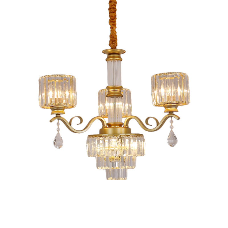 3-Tier Chandelier Lamp Minimalist Clear Crystal 3-Head Restaurant Ceiling Light with Cylinder Shade in Black/Gold Clearhalo 'Ceiling Lights' 'Chandeliers' 'Modern Chandeliers' 'Modern' Lighting' 1724421