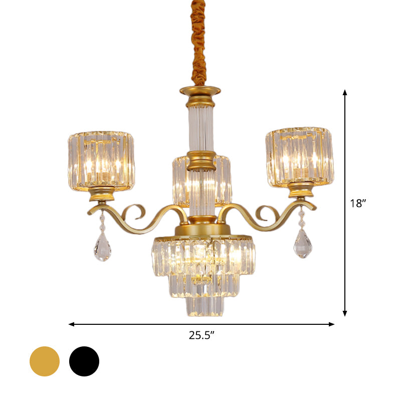 3-Tier Chandelier Lamp Minimalist Clear Crystal 3-Head Restaurant Ceiling Light with Cylinder Shade in Black/Gold Clearhalo 'Ceiling Lights' 'Chandeliers' 'Modern Chandeliers' 'Modern' Lighting' 1724422