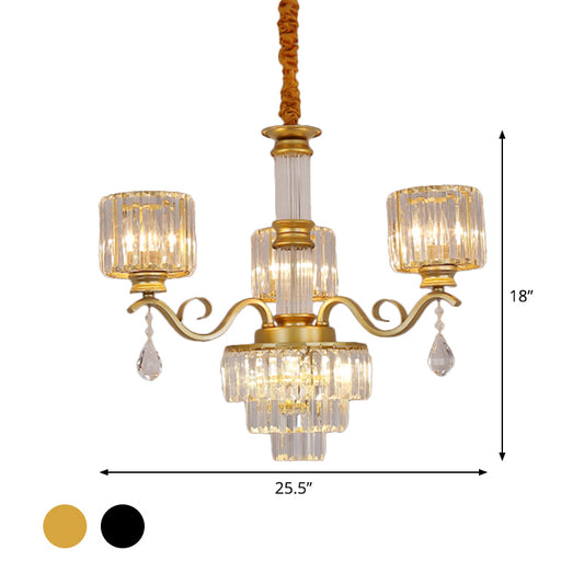 3-Tier Chandelier Lamp Minimalist Clear Crystal 3-Head Restaurant Ceiling Light with Cylinder Shade in Black/Gold Clearhalo 'Ceiling Lights' 'Chandeliers' 'Modern Chandeliers' 'Modern' Lighting' 1724422
